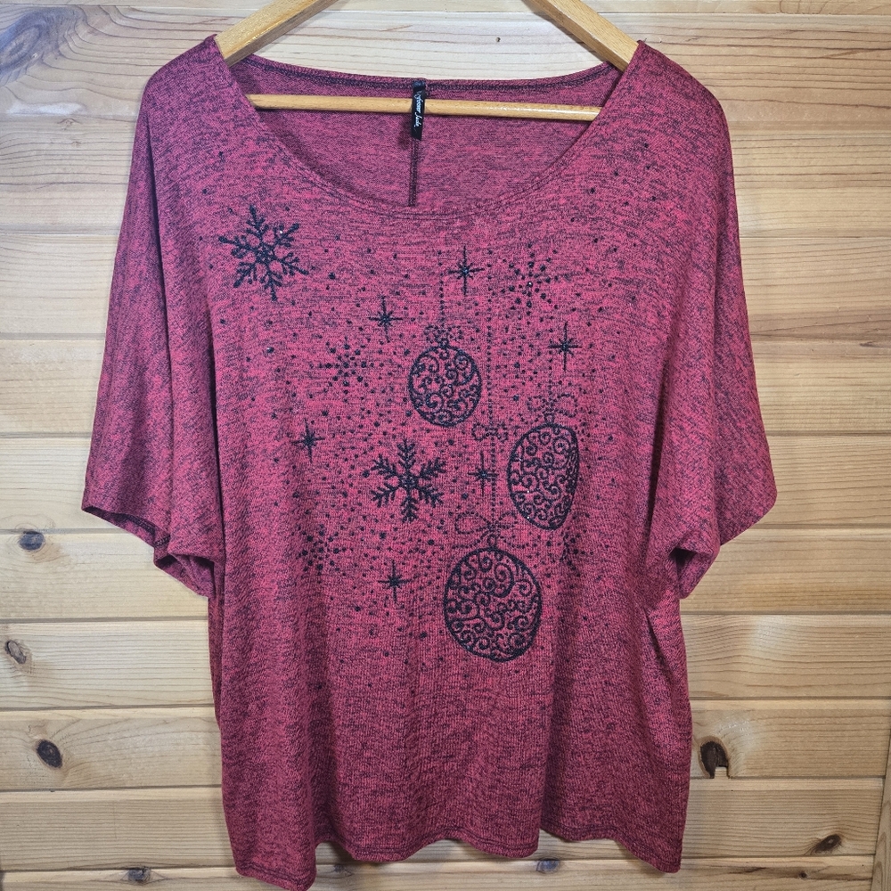 Vintage Forever Jade Christmas Top Pullover Red Beaded Ornaments Snowflakes 2X